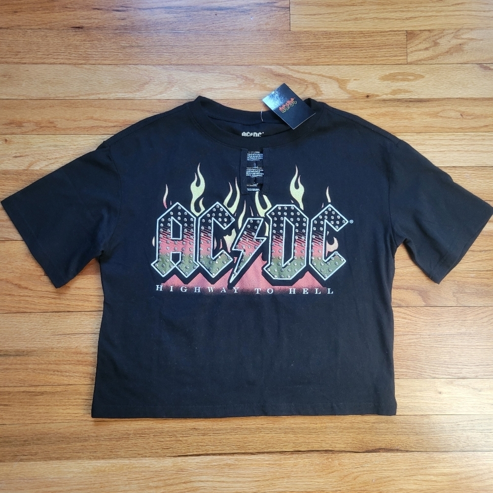 AC/DC Band Graphic Studded Crop T-Shirt Women’s Rocker Concert Street Bikercore